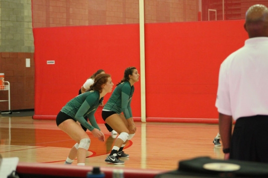 Senior Amanda Montag and Junior Lily Snyder prepare for the ball early in the 2nd quarter.