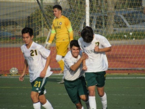 Mira Costa Junior Alex DeSousa celebrates the first goal scored against Animo during the first half.